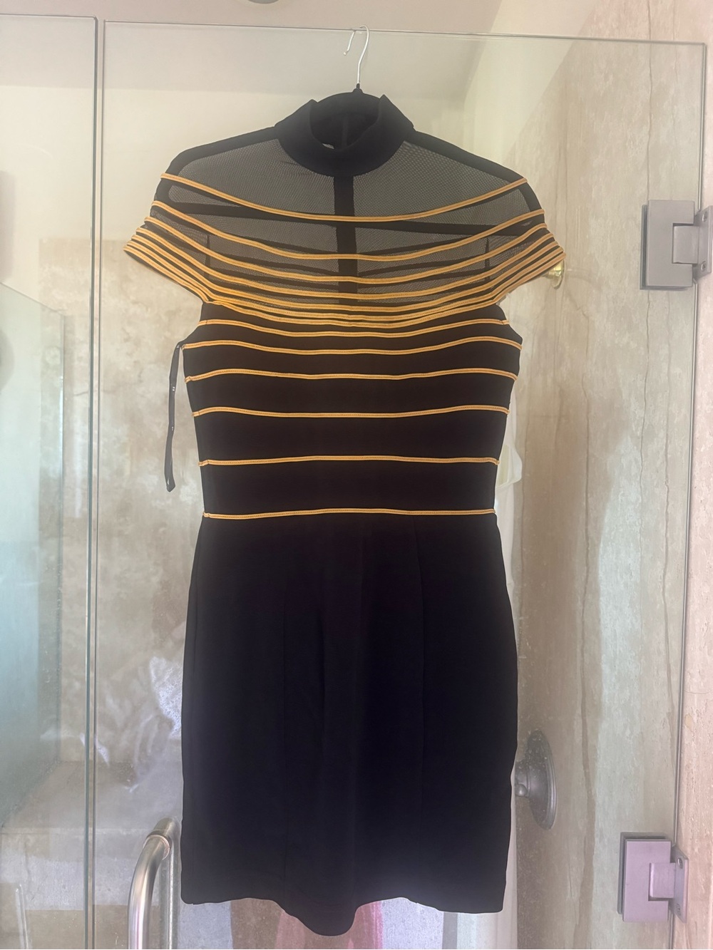 Tadashi Shoji Black Mini Dress with Yellow Stripes and Mesh Yoke